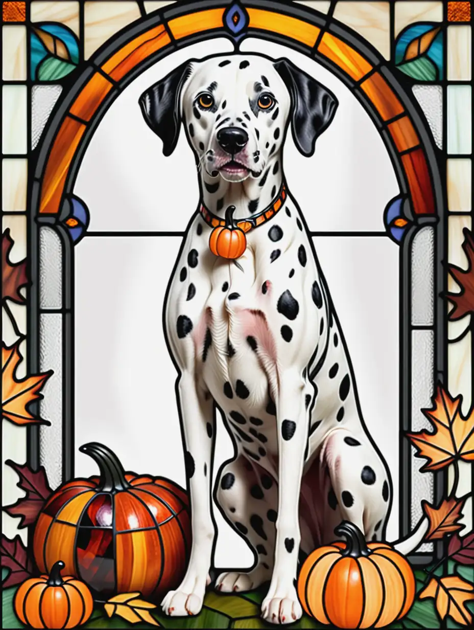 Standing Dalmatian Dog with Pumpkin and Fall Leaves in Stained Glass Design