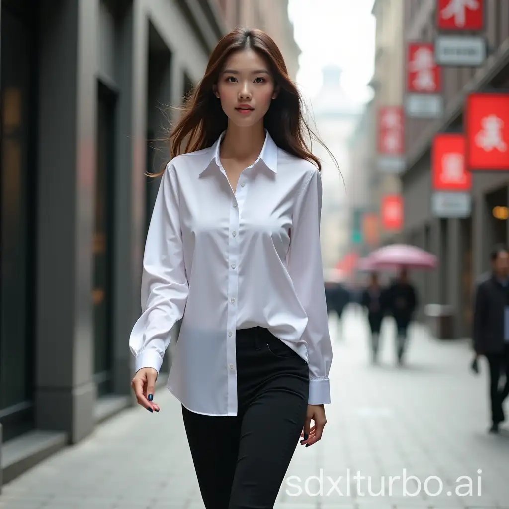 Chinese beauty, full body photo, wearing white shirt, tight fitting, walking on the street