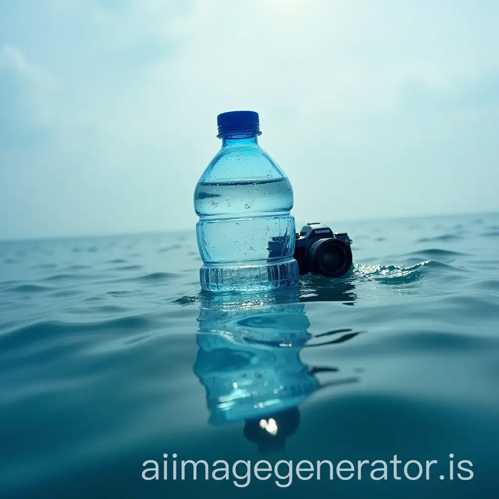 Camera-Emerging-from-Plastic-Water-Bottle-in-the-Ocean