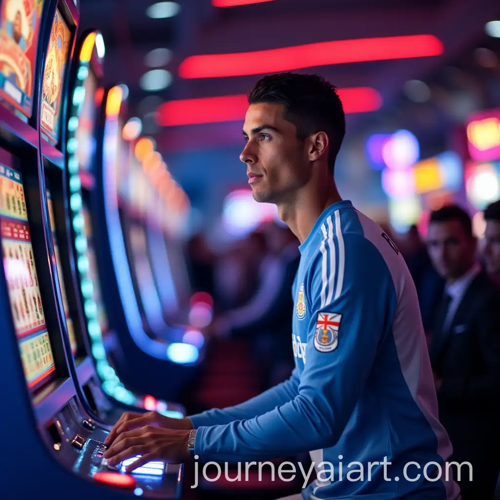 Cristiano-Ronaldo-Playing-Slot-Machine-in-a-Casino-with-Blue-and-White-Betgar-Jersey
