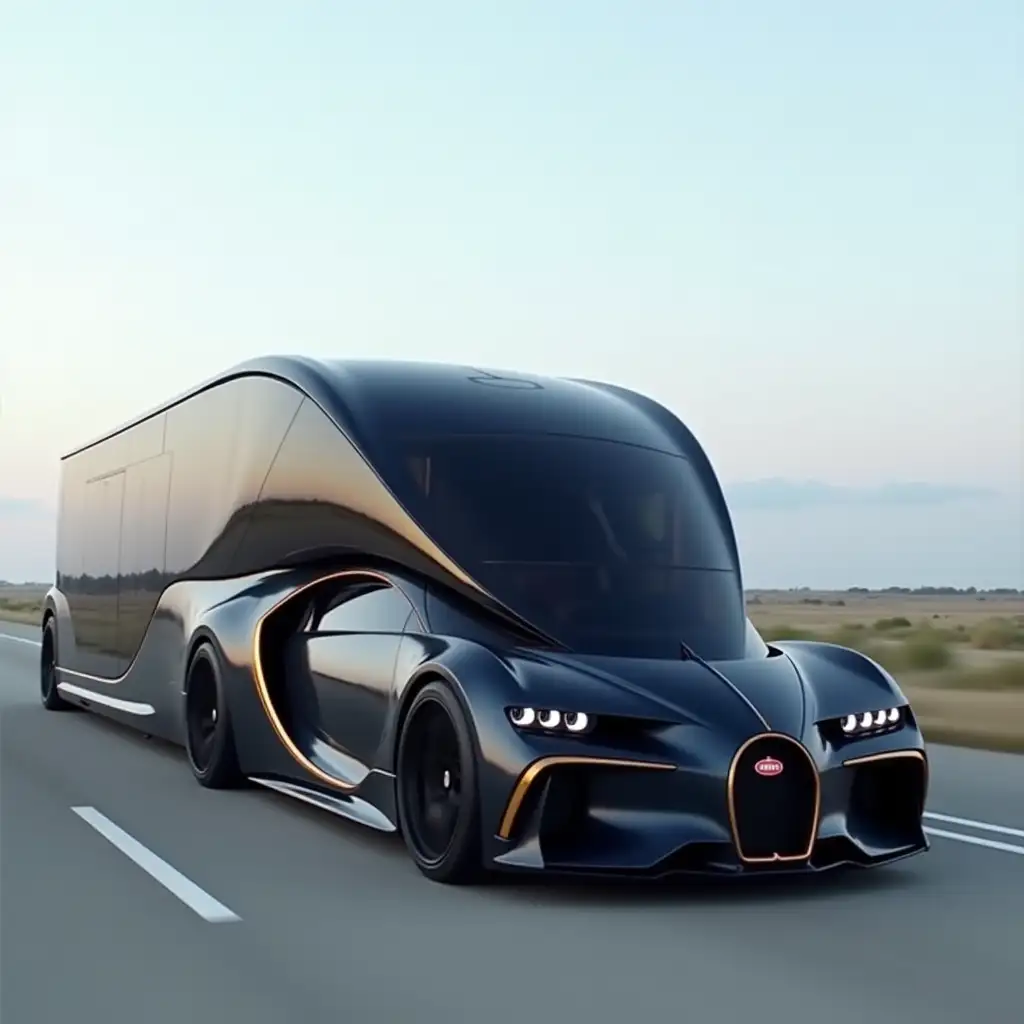 bugatti divo hauling a futuristic two-story RV on a highway. the driver is a 50-year old male