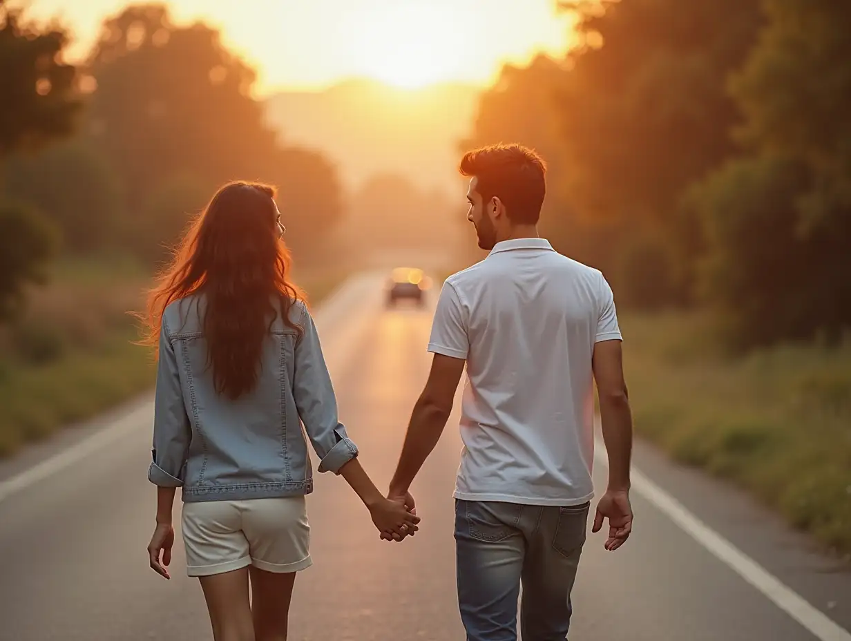 Couple, back and holding hands outdoor for love, relationship and date together with loyalty. Man, woman and commitment as romantic walking with trust, support and care in street for happiness