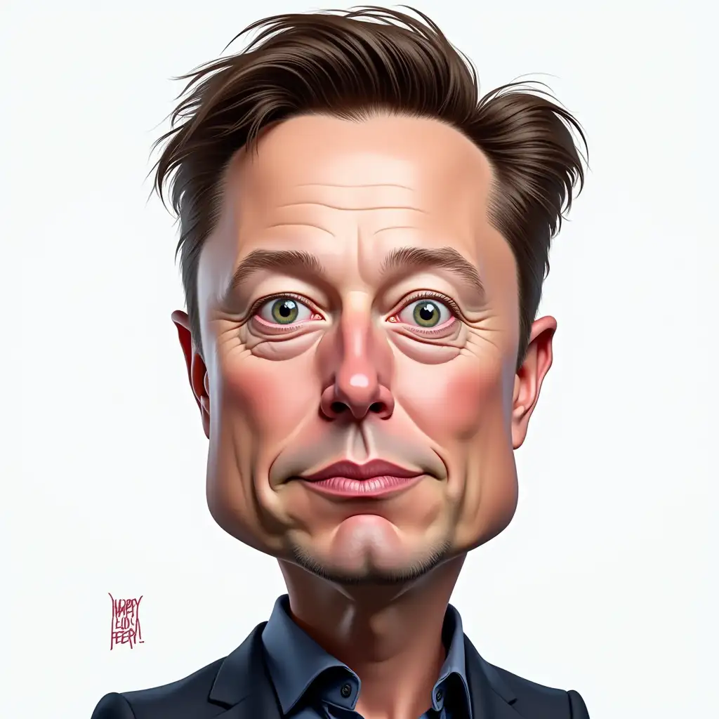 Elon Musk caricature, in the style of michael hussar, caricature faces, angelina wrona, dark white and azure, expressive eyes, celebrity-portraits, high resolution，9:16