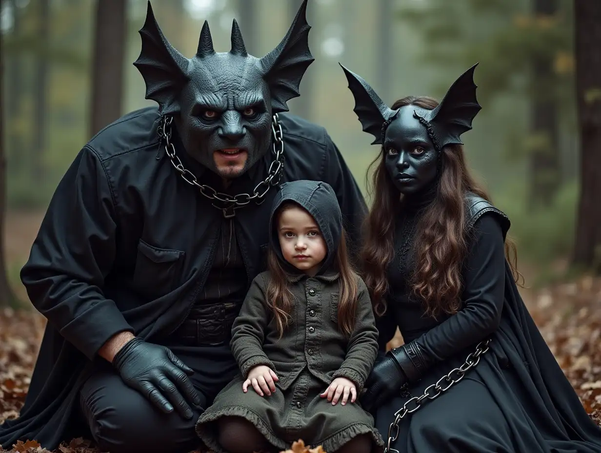 Ki-Fantasy family,Man,Woman, and Children, giant bat face with chains and white equipment