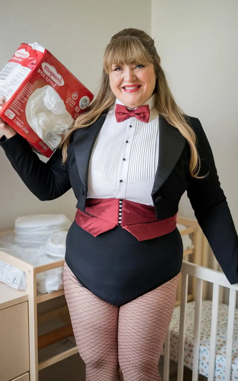 Smiling-MiddleAged-Caucasian-Woman-in-Formal-Tuxedo-Holding-Huggies-Package-in-Nursery