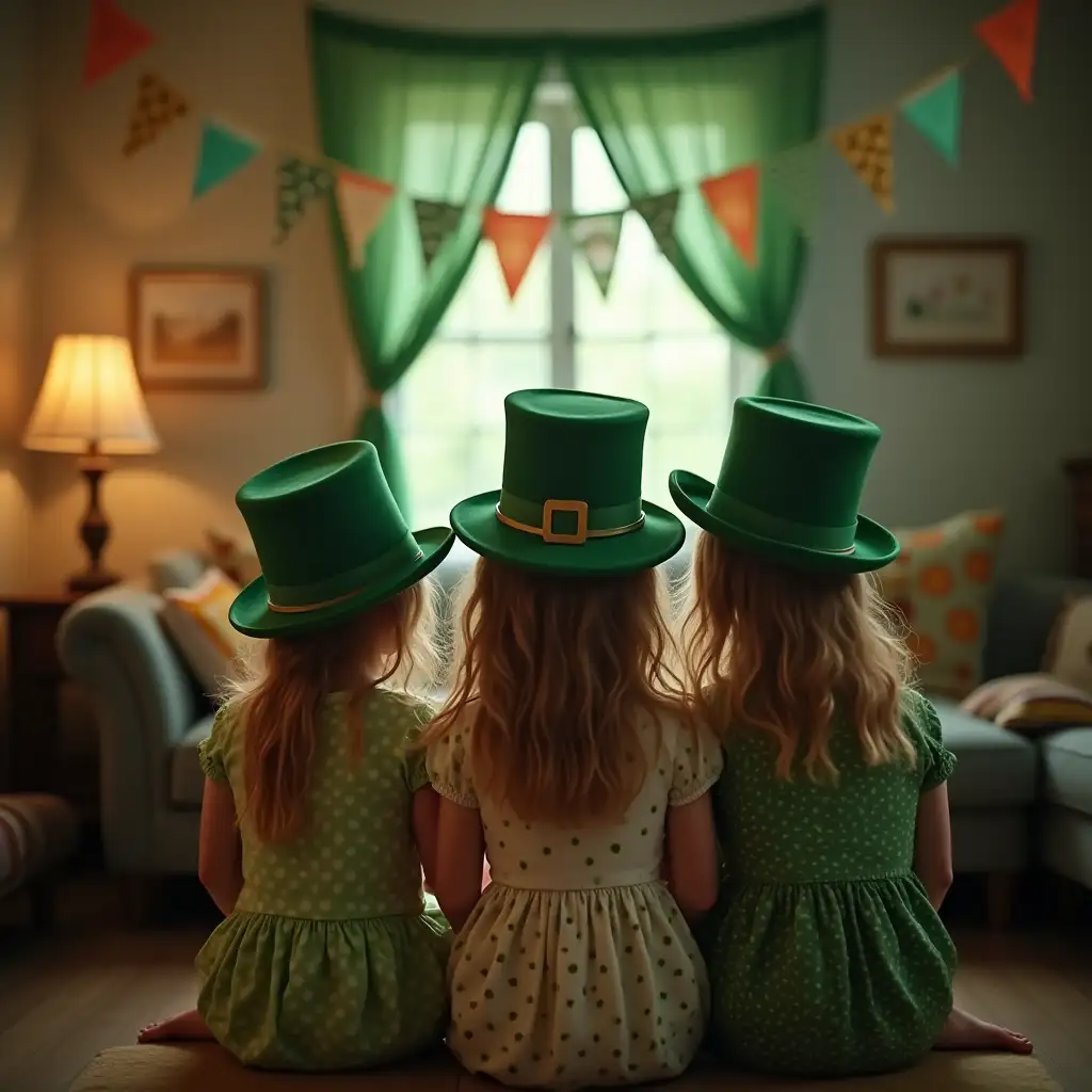 Three little girls, in a room full of festive atmosphere, with flags hanging upside down from the roof, wearing hats and other elements of St. Patrick's Day. On St. Patrick's Day, a small flag of St. Patrick's Day hung upside down above, green, atmosphere, real shot, delicate,