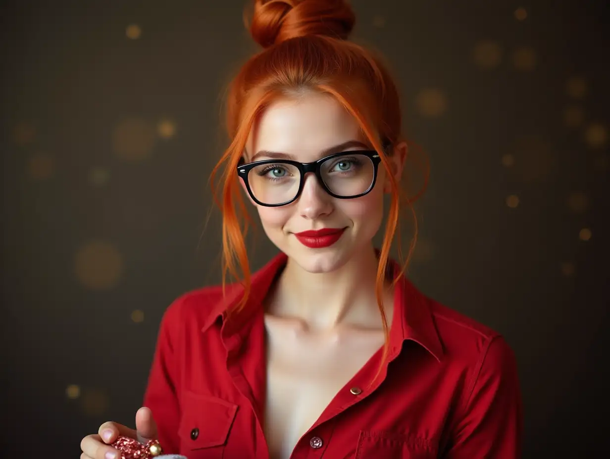 Santa-Photo-Shoot-with-Beautiful-Student-in-Red-Shirt-and-Fiery-Gaze