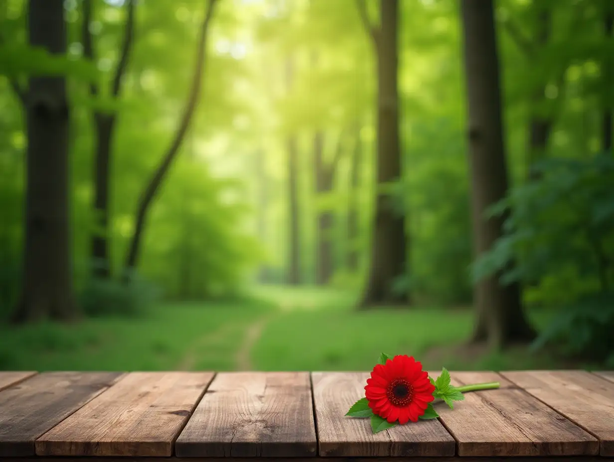 A red flower on a wooden table. And a table set in the middle of a beautiful and green forest