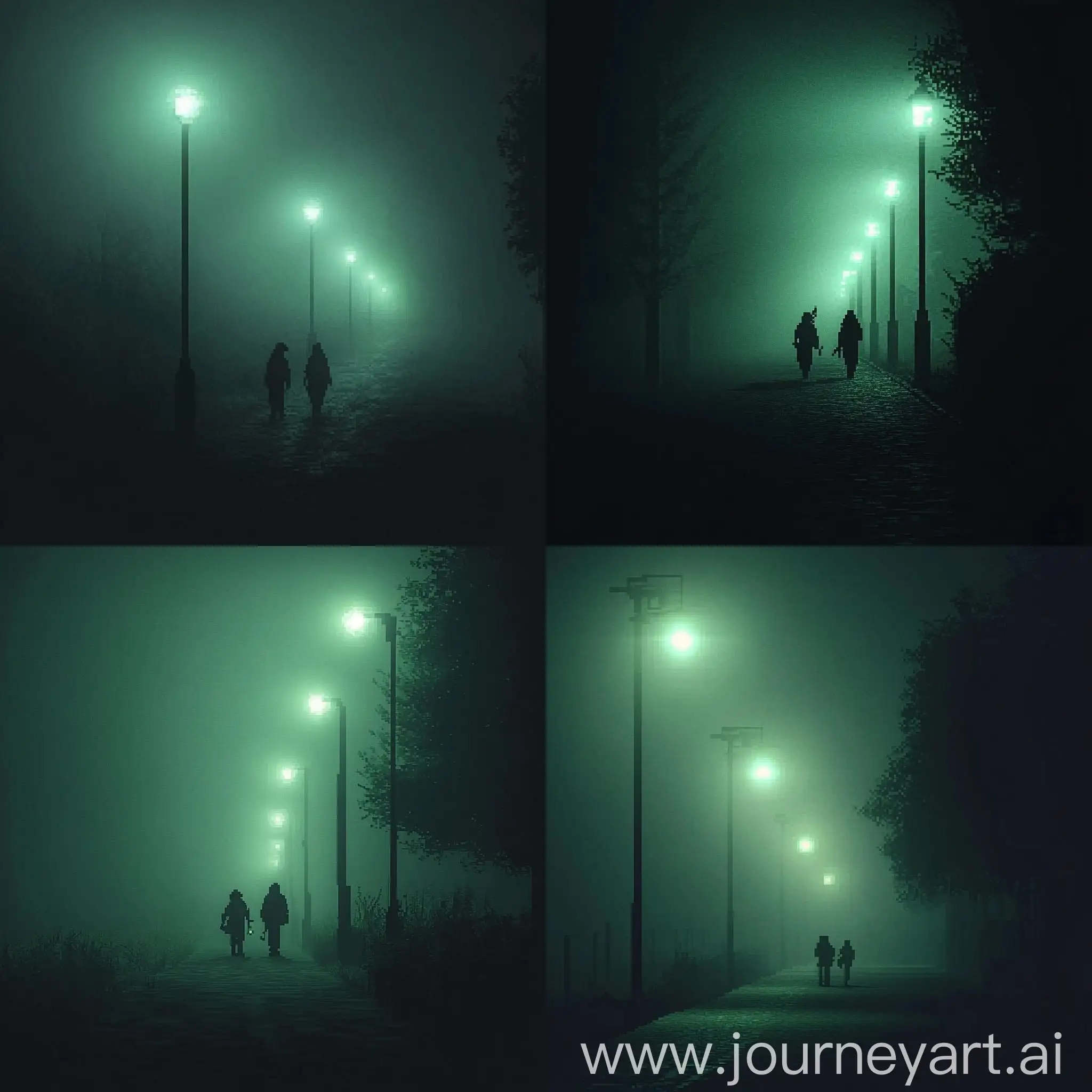 PixelArt-Adventurers-on-a-Foggy-Path-with-Green-Streetlights