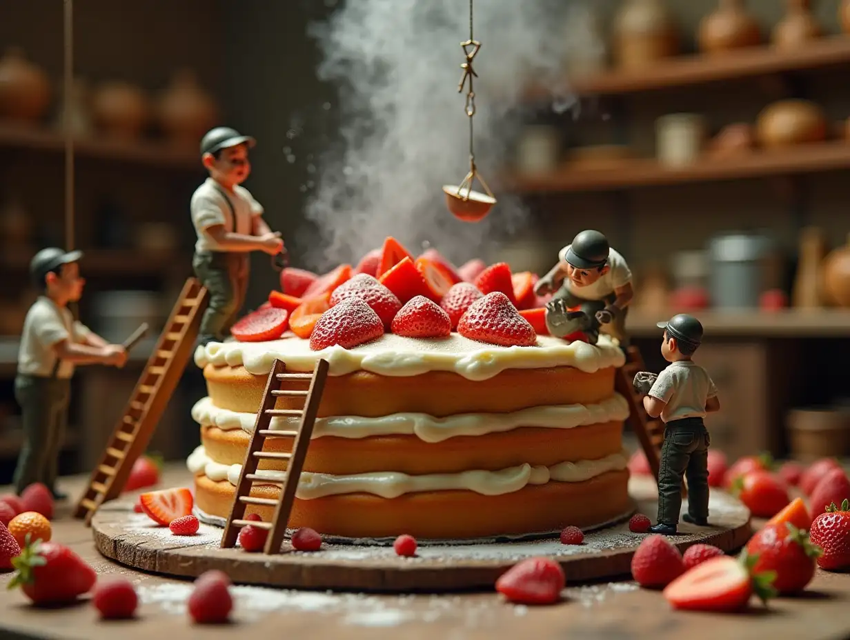 A tiny world workers are assembling a giant cake, using ladders to place cream, cranes lifting strawberry slices, a wood-kitchen steaming in the background, ultra-detailed, hyper-realistic textures, cinematic lighting, cozy Italian vibes.