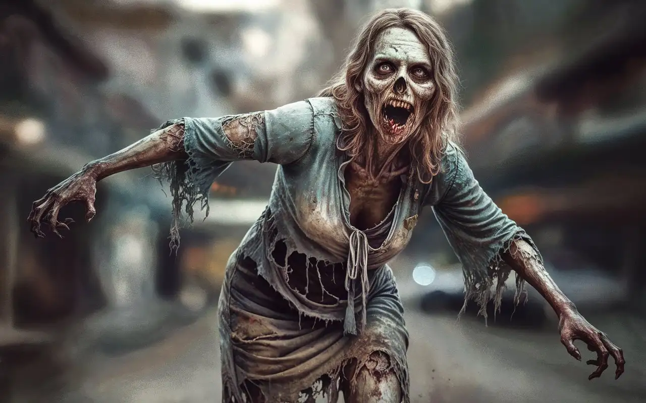 A chilling full-length portrait of a rotten zombie woman, her eyes glazed over with a ravenous hunger that pierces through the decay. Her skin is a sickly pallor, peeling away to reveal the taut muscles and sinew beneath, while her torn and tattered clothing clings to a skeletal frame that's been ravaged by the relentless march of undeath. (...) The background is blurred, allowing the full weight of the zombie's decayed visage to dominate the foreground, a symbol of the inescapable dread that lurks within every corner of the apocalyptic world she now inhabits.