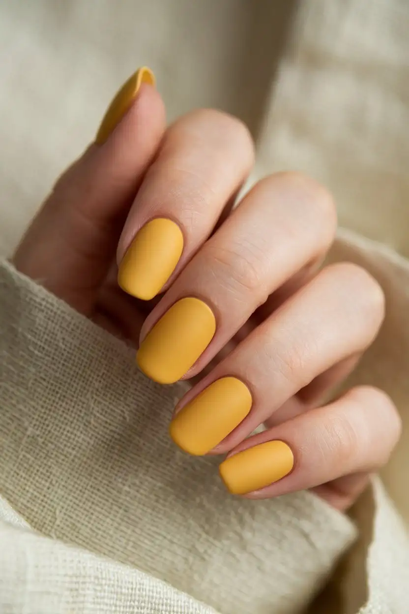 A close-up shot of a hand with perfectly manicured, medium-length nails painted in a soft, sunny yellow nail polish with a matte finish. The color is smooth and velvety, absorbing the light rather than reflecting it. The background is a slightly blurred image of a textured linen fabric in a light color. The focus is sharp on the nails, showcasing the unique and elegant matte finish of the yellow color