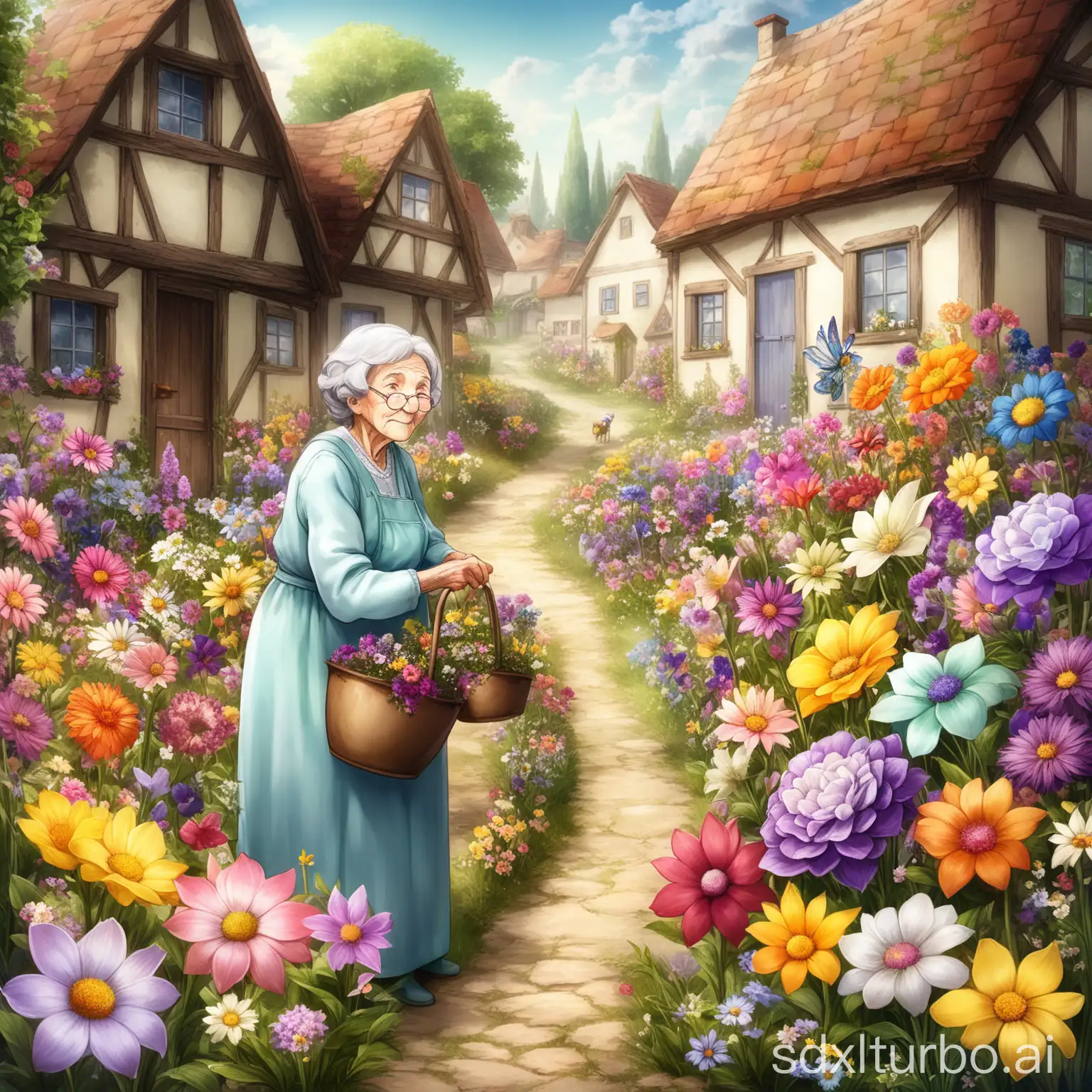 In the past, in a quiet little village, there lived a friendly old grandmother called Grandma Flower. Grandma Flower had a magical garden full of multi-colored flowers, and each flower had its own unique fragrance.