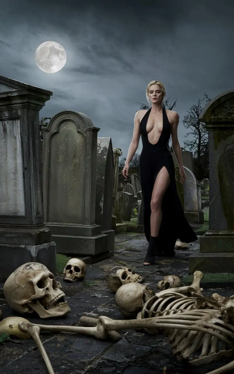 Style: frame from modern uhd film. Moonlit night at abandoned old cemetery. Skulls, bones, and skeleton parts scattered around. Among the tombstones walks a very beautiful muscular vampire Charlize Theron in a toga with an enormous décolleté, photo, cinematography, 4k