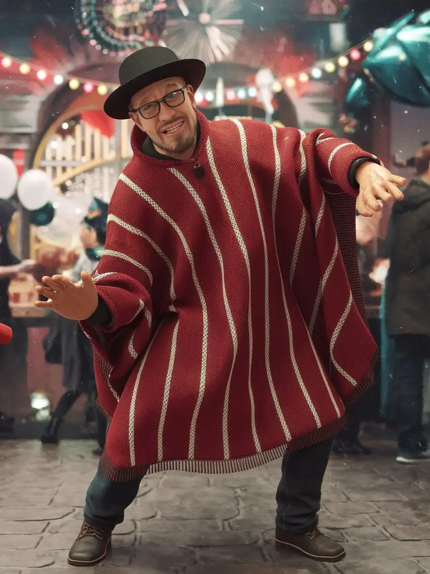 a realistic new year man in a poncho casual in a funny pose against a new year's celebration 3d