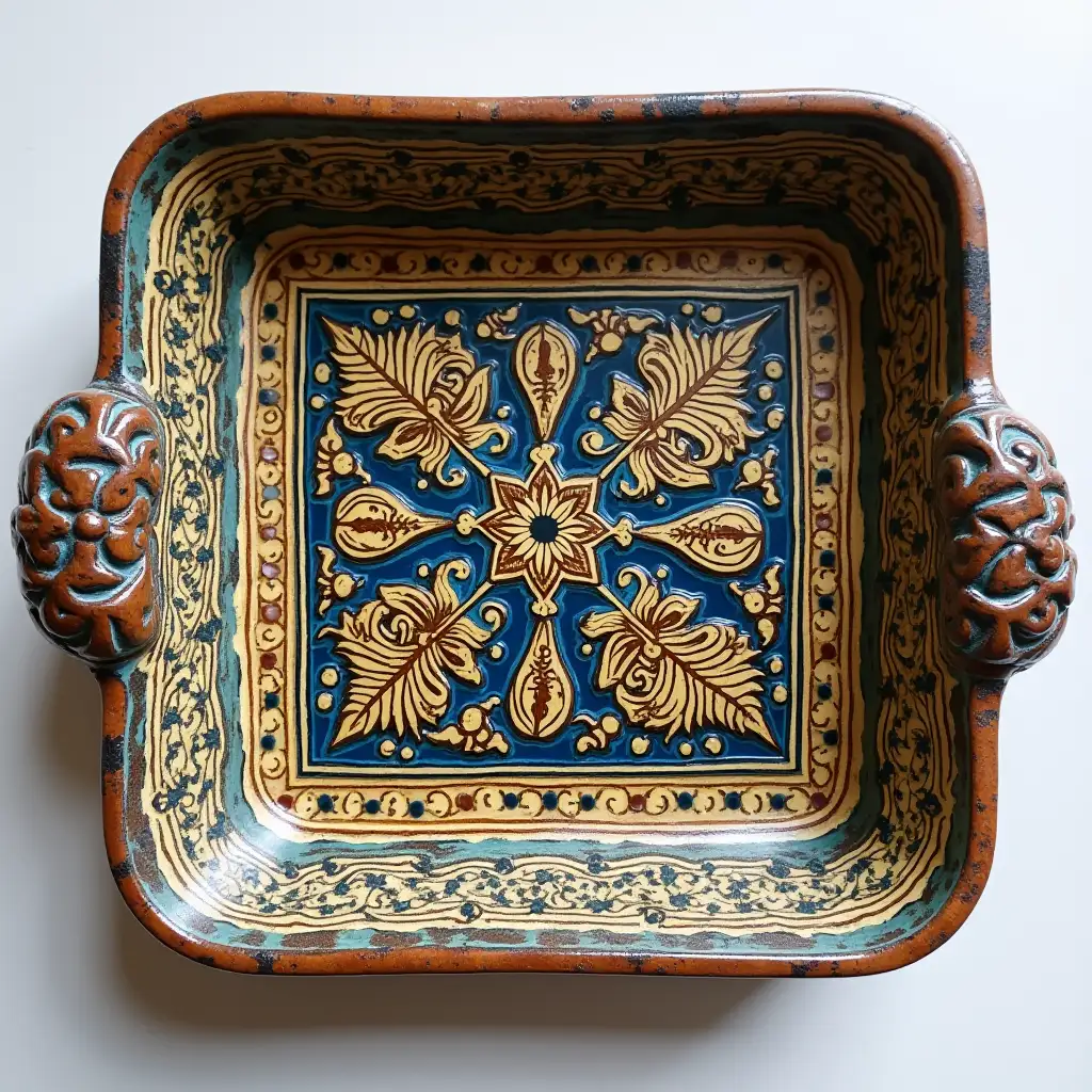 Square with rounded corners ceramic serving dish with embossed beautiful handle,Fine art, Hyper detailed,Antique and old, Qajar art, Iranian Tabriz carpet design