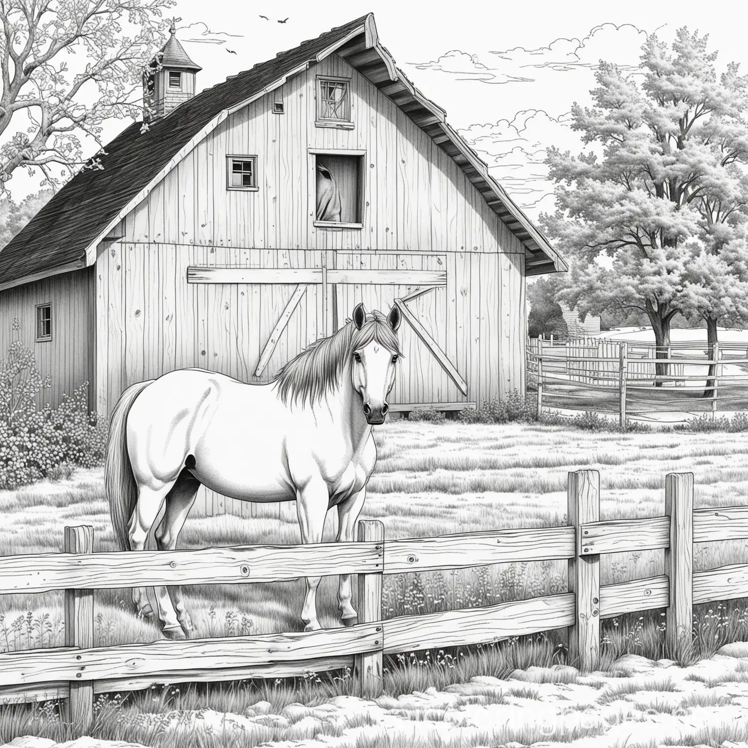 Horse-and-Barn-Coloring-Page-with-Fence-Outline