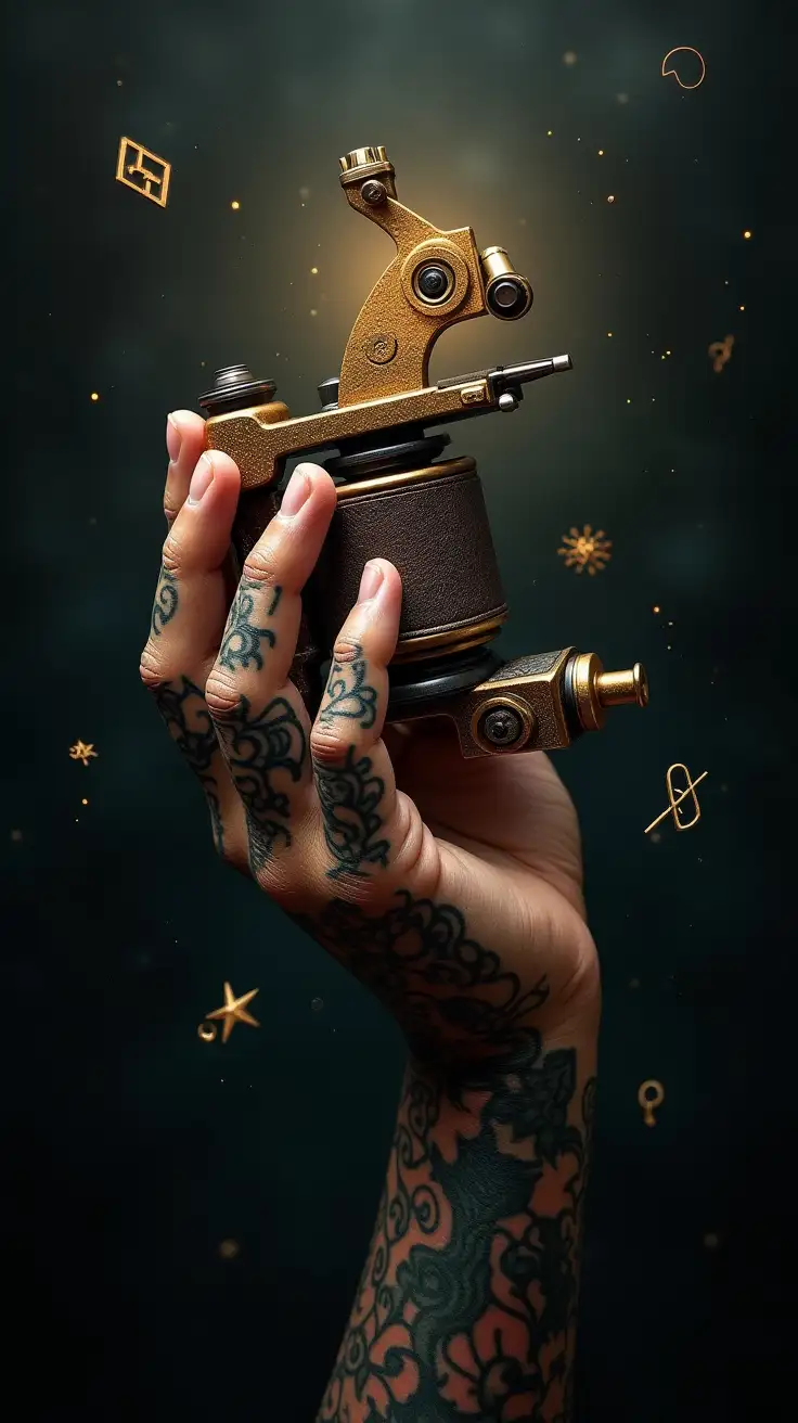 Tattooed-Hand-Holding-Antique-Tattoo-Machine-Surrounded-by-Sacred-Geometry-and-Ancient-Symbols