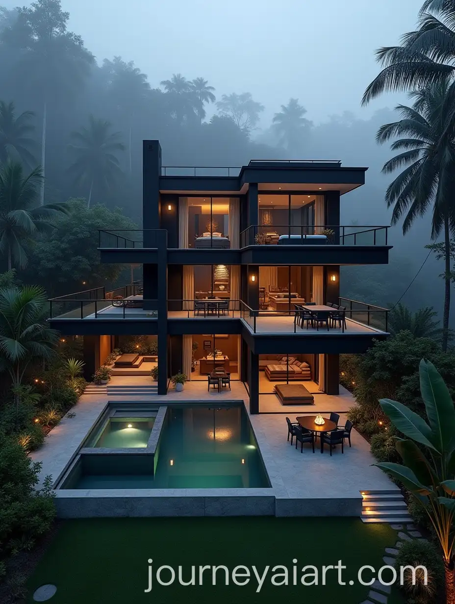 Modern-FiveStory-Black-Villa-with-Infinity-Pools-in-Tropical-Forest-at-Night