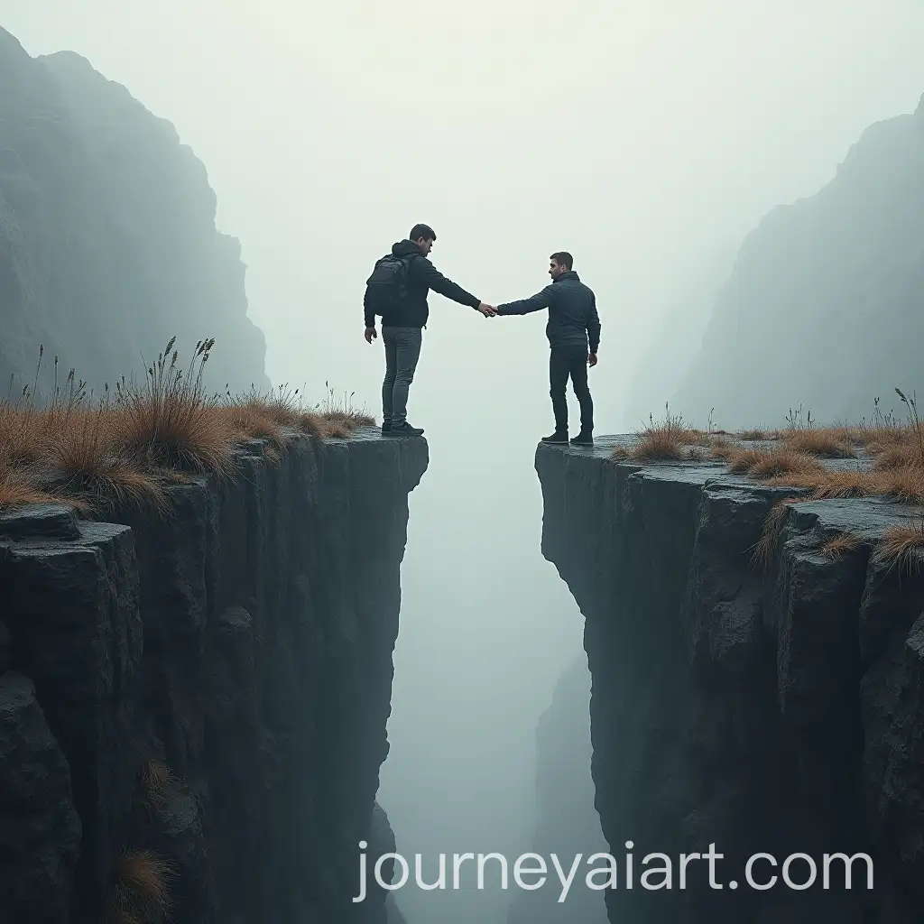 Two-Men-Holding-Hands-on-Cliff-Edge-to-Prevent-Fall