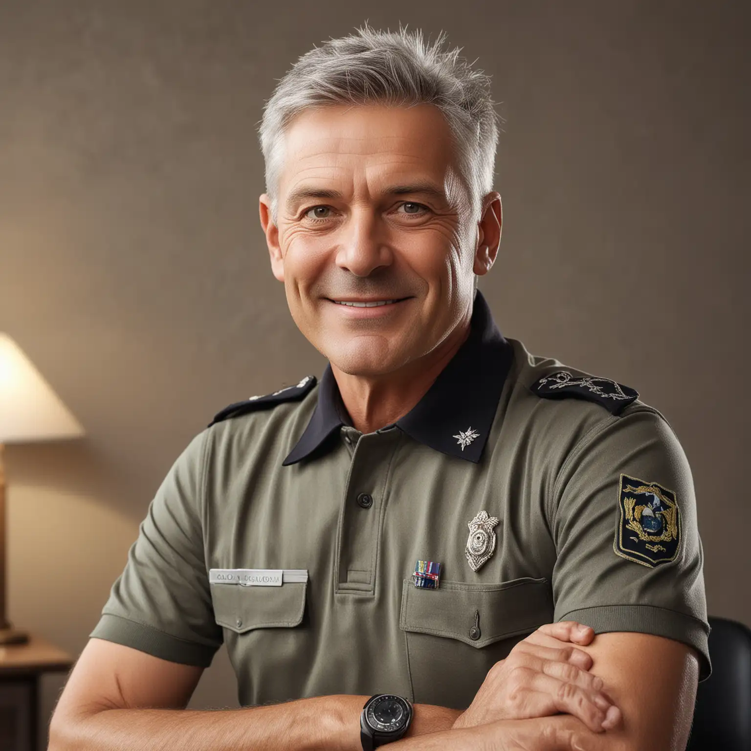 A high quality digital photo of a 60 year old man with very short greying hair, radiating energy and joy. He has a rounded face, white skin, bright expressive eyes and a confident, bright smile. He has no beard and no moustache. He is clean shaven. His hair is very short. He is dressed in a stylish officer's outfit consisting of a well-fitting polo shirt. He is seated at a desk. His hands are resting on the table. His posture is dynamic, with an active stance. The style emphasizes his lively and energetic personality. The background is soft and minimalistic, allowing the focus to be on his expression and movement. The art style is realistic with smooth shading, warm lighting and rich details, creating a polished and attractive presentation of the entire image.