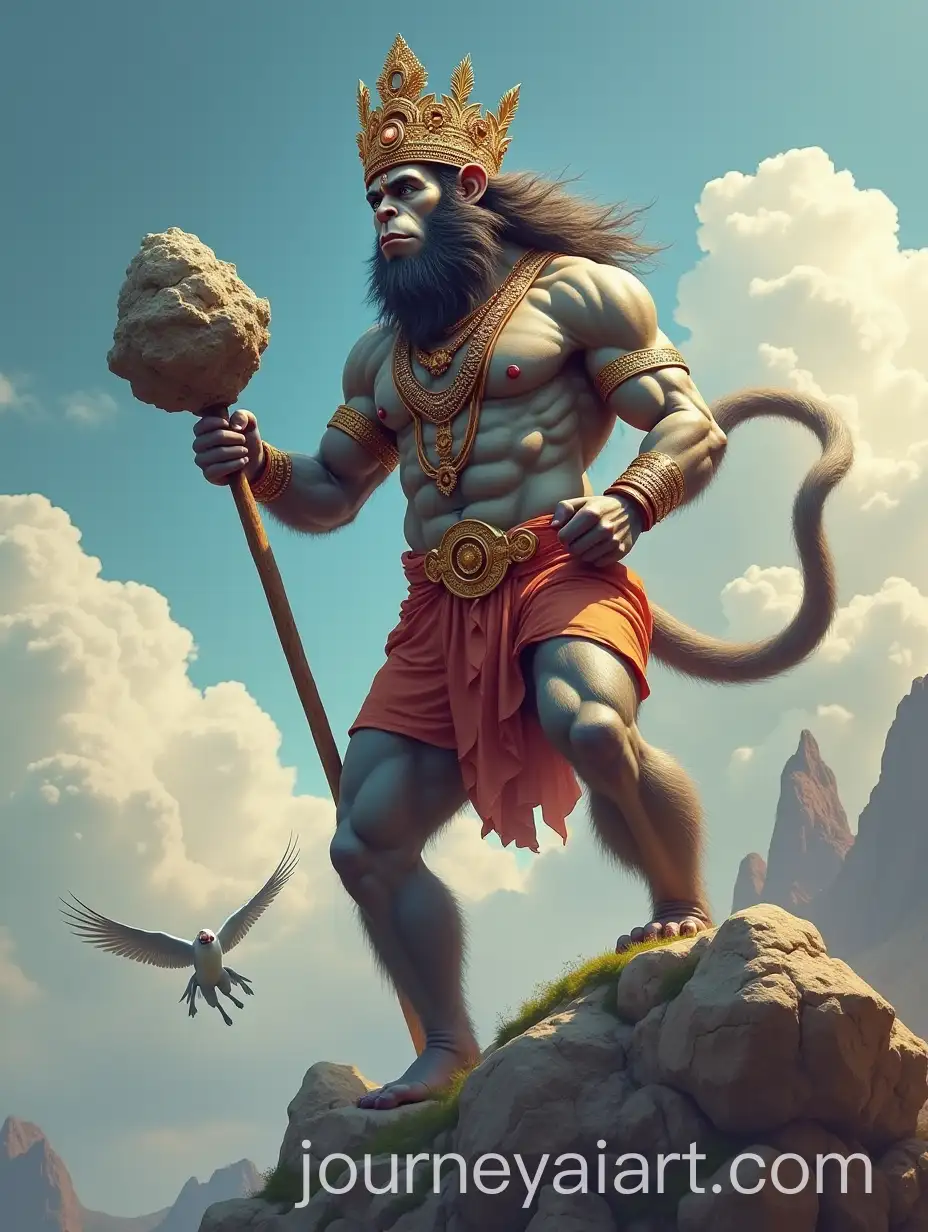 Crowned-God-Hanuman-Standing-on-Mountain-Holding-Mace-and-Mountain-in-the-Sky