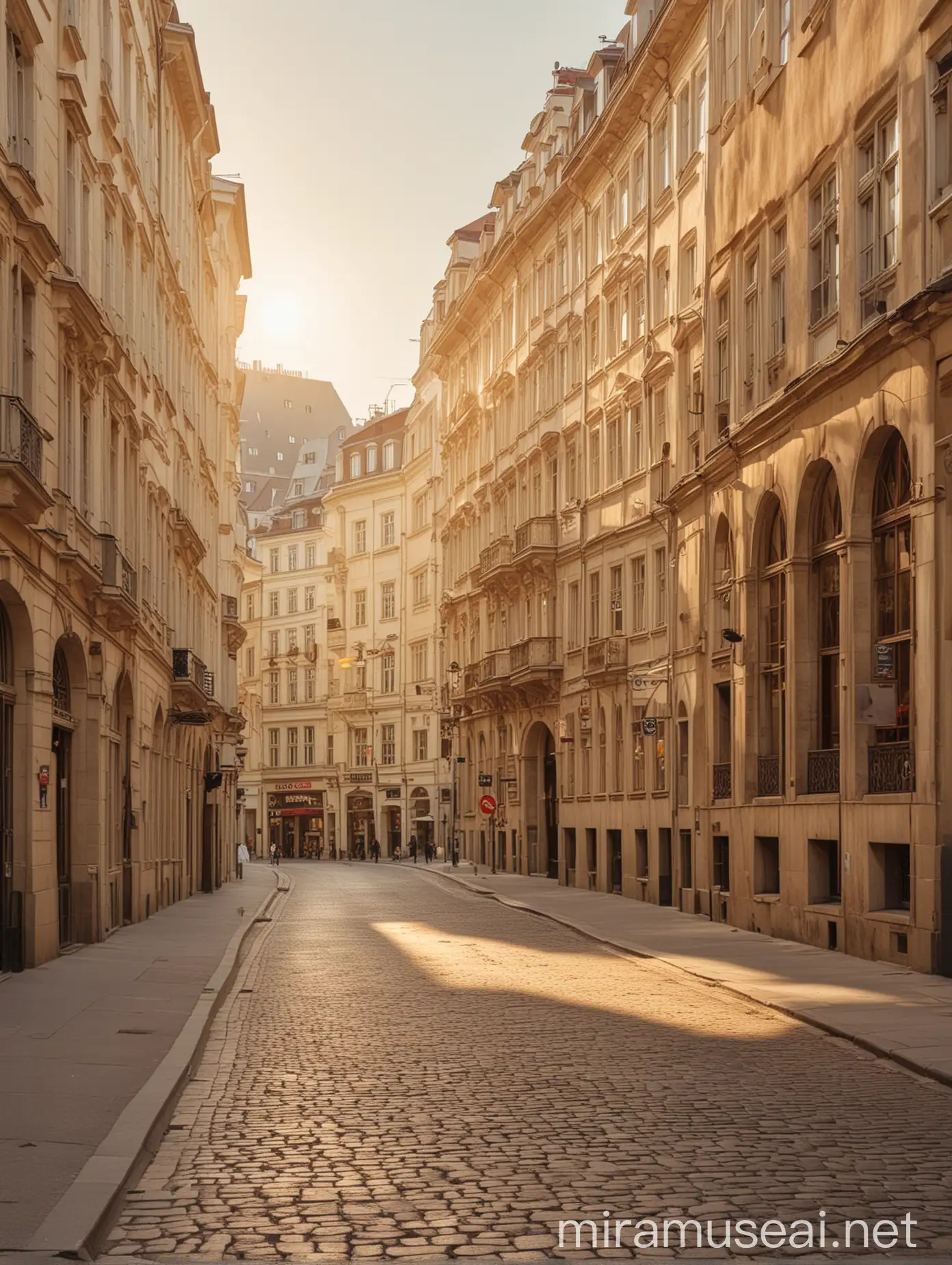 Sunlit Vienna Street with Old Beige Buildings