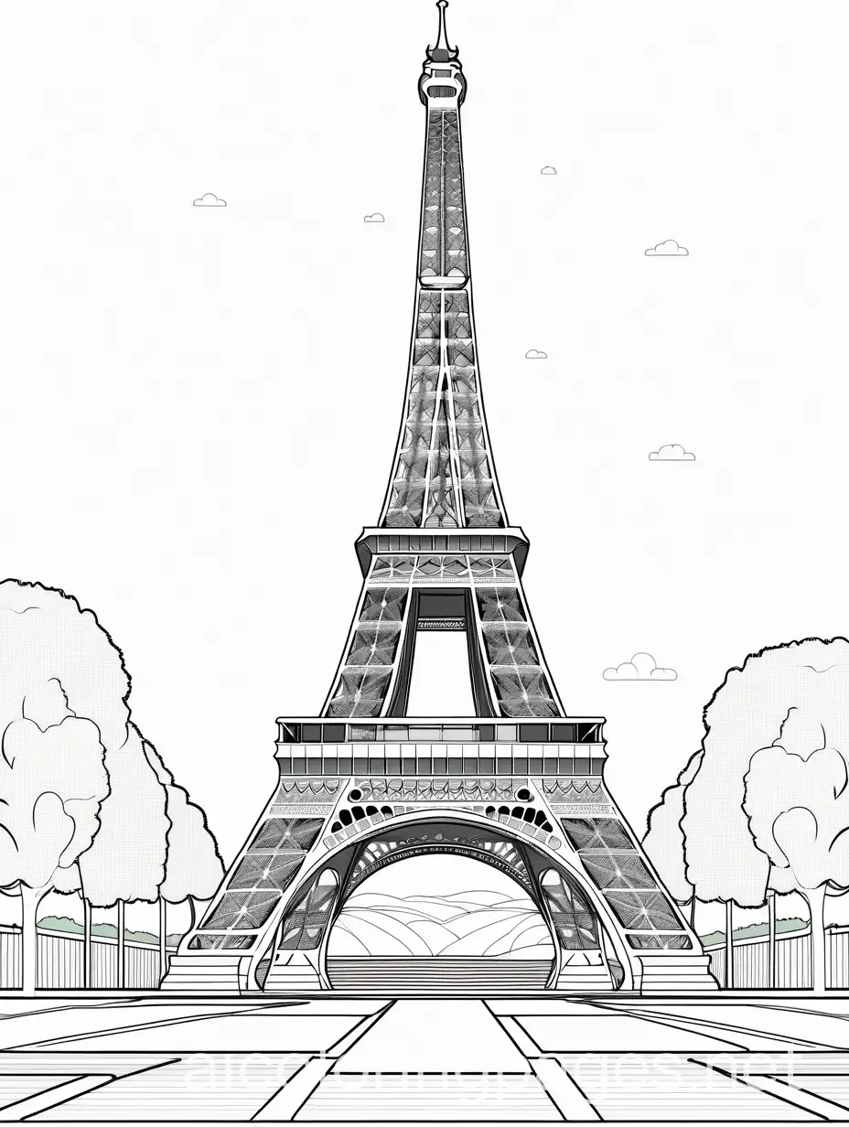 eiffel tower paris, Coloring Page, black and white, line art, white background, Simplicity, Ample White Space. The background of the coloring page is plain white to make it easy for young children to color within the lines. The outlines of all the subjects are easy to distinguish, making it simple for kids to color without too much difficulty