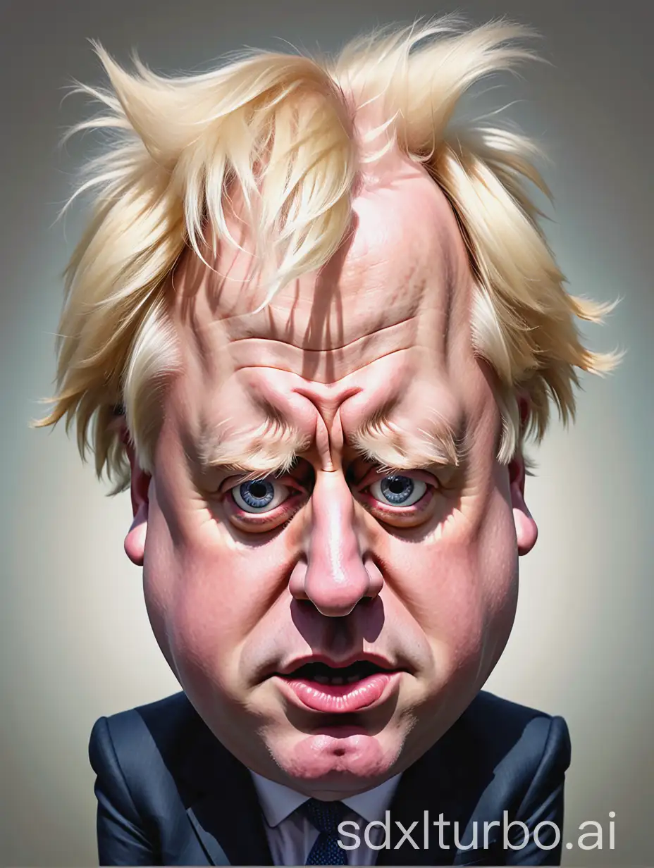 portrait caricature of a Boris Johnson viewed from the front with exaggerated features and hair