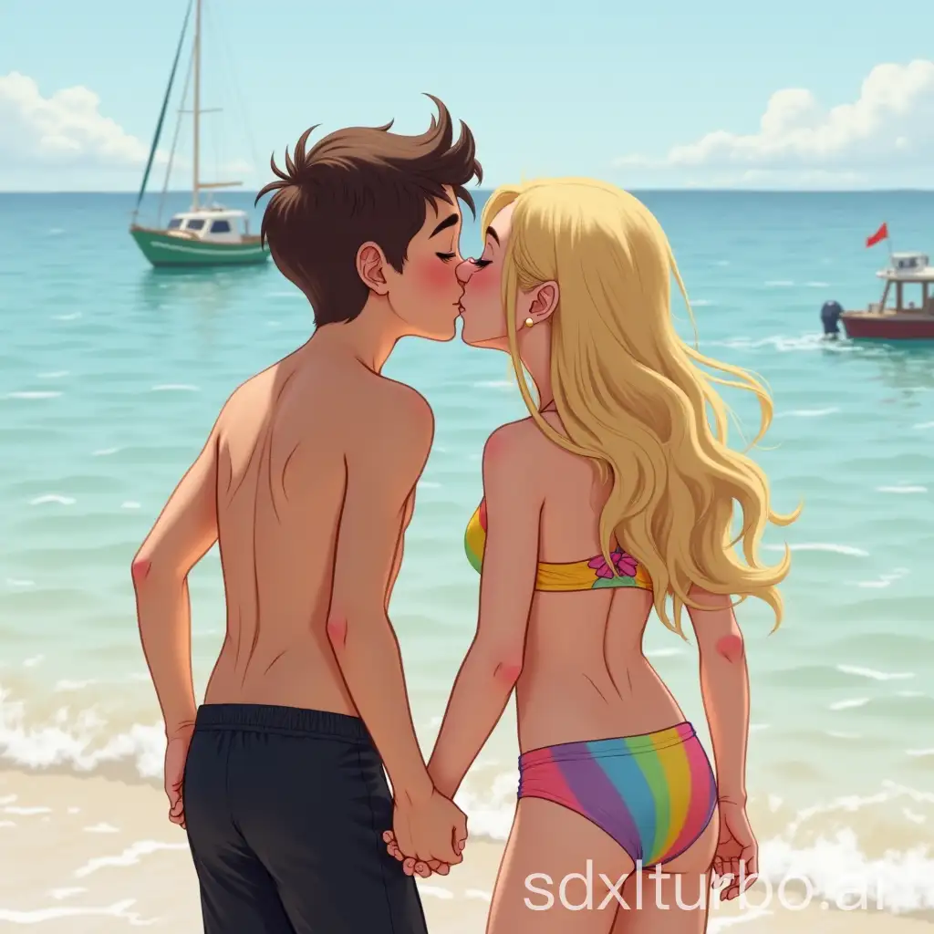 Teen-Couple-Sharing-a-Kiss-on-a-Beach-with-Boats-in-the-Background