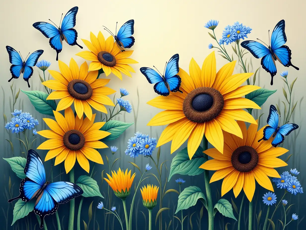 An elegant scene with vibrant yellow sunflowers and blue flowers, surrounded by several blue butterflies resting on and flying around the flowers, set against a lush, natural background. oil, Simple lines