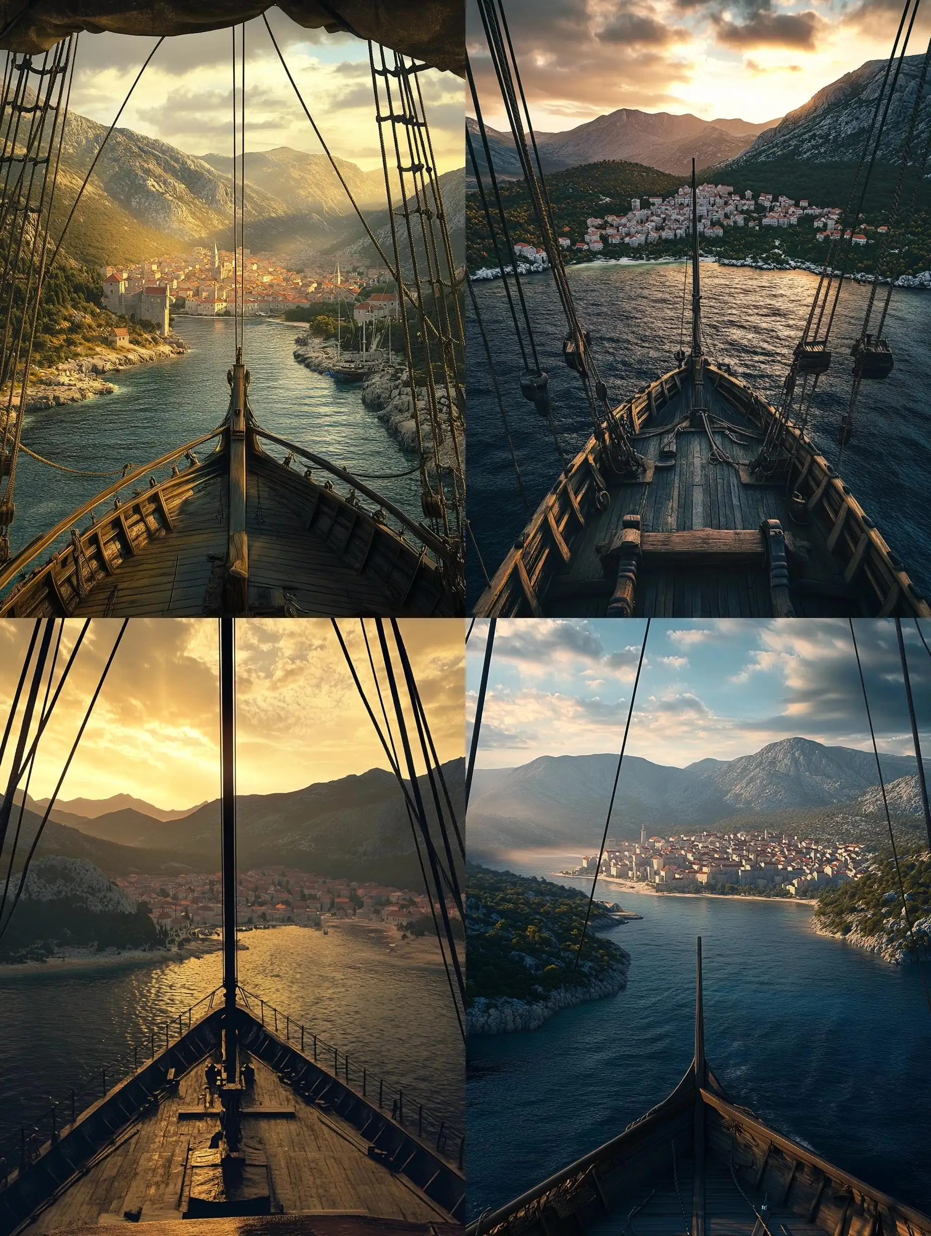 FirstPerson-View-of-Old-Galleon-Approaching-Majestic-City-at-Dawn