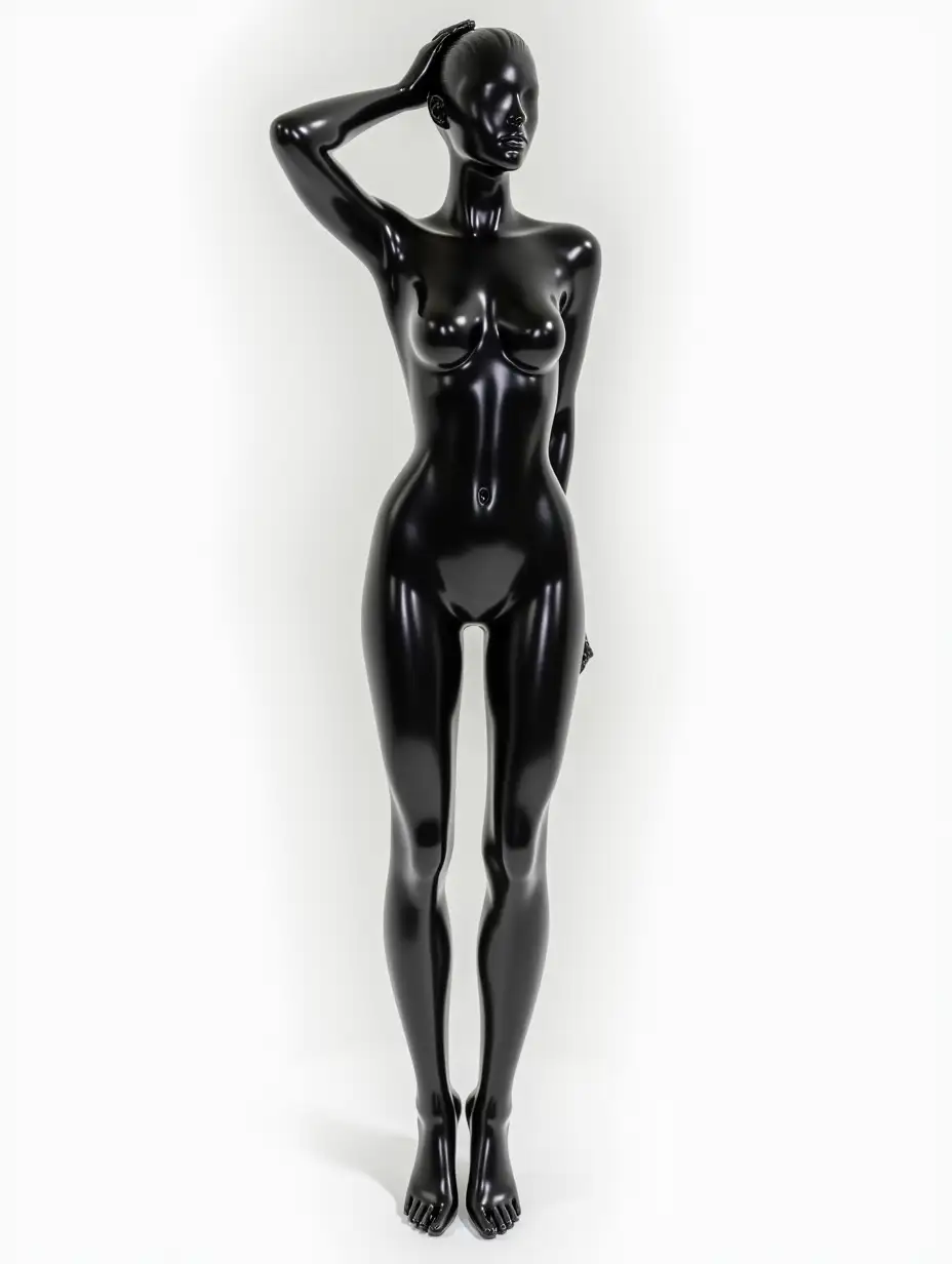 woman made of black glossy plastic, highly reflective and shiny, show legs an feet too, background white