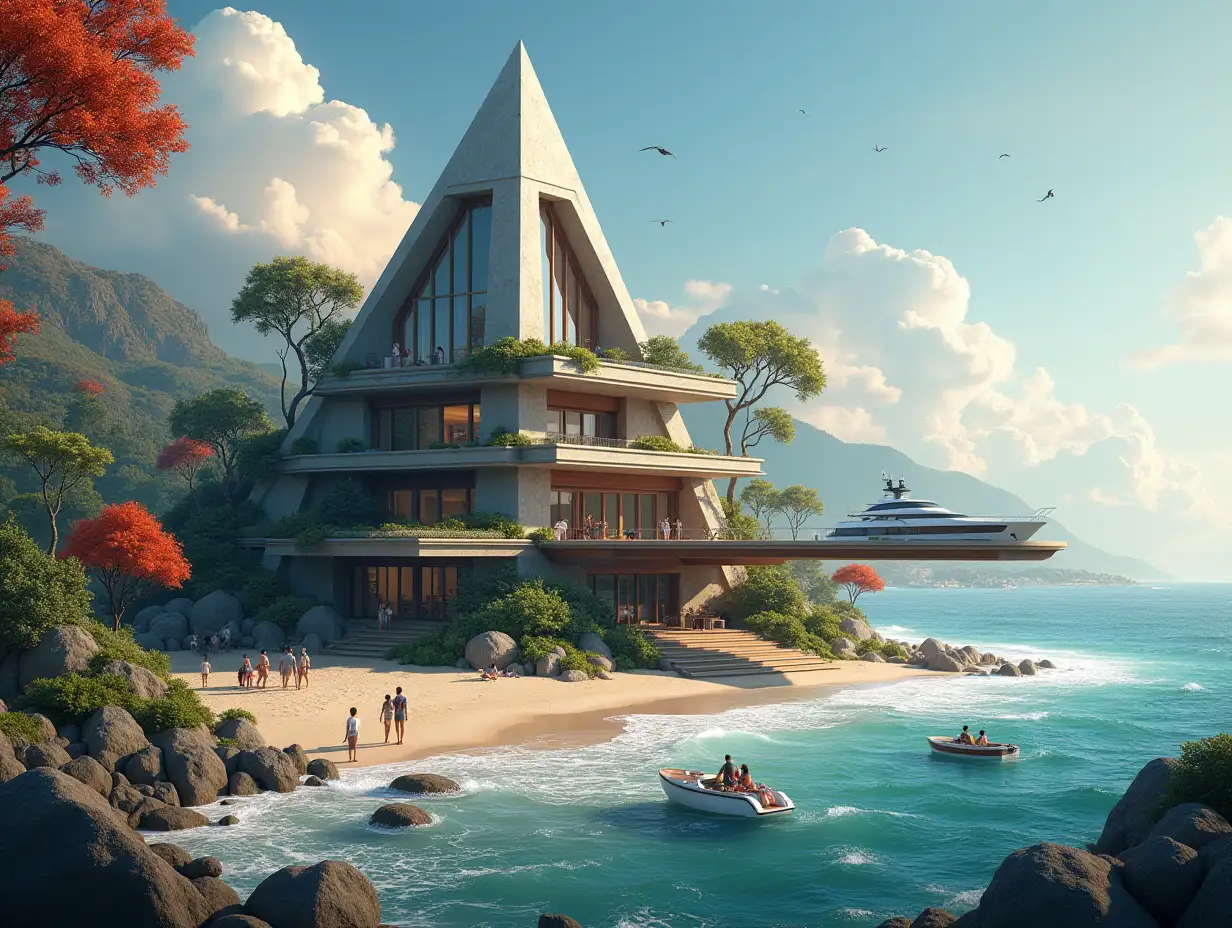 Create a high-resolution, realistic panorama image of a futuristic terrace building with window pyramid house with bridge, a yacht and a small boat beach with people, many plants and grey and brown facades with sea with waves, big trees, red clouds