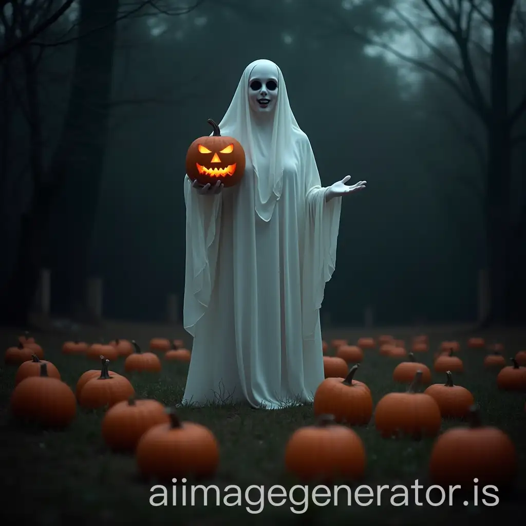 scary lady in white ghost, floating in dark graveyard pumpkin patch, horror, white pumpkins, holding pumpkin