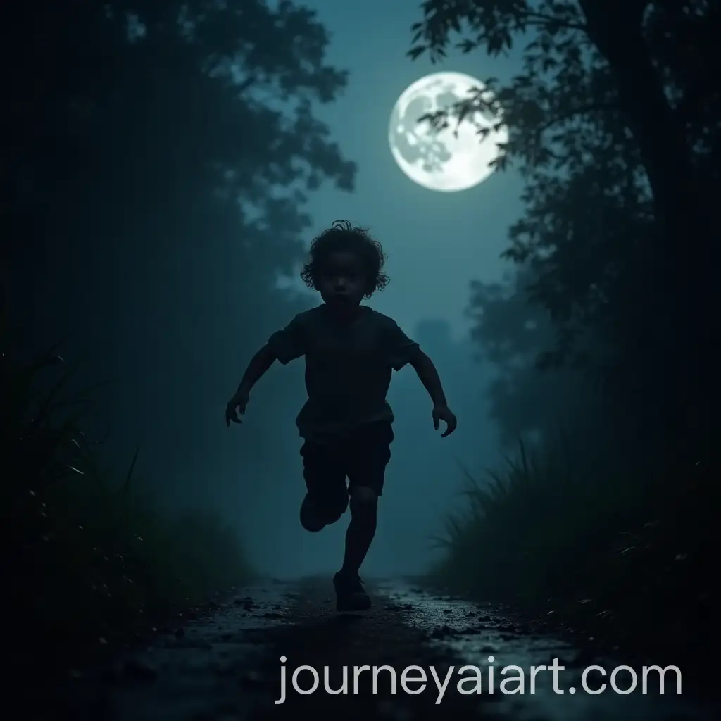 Scared-Young-Boy-Running-on-Jungle-Road-at-Night