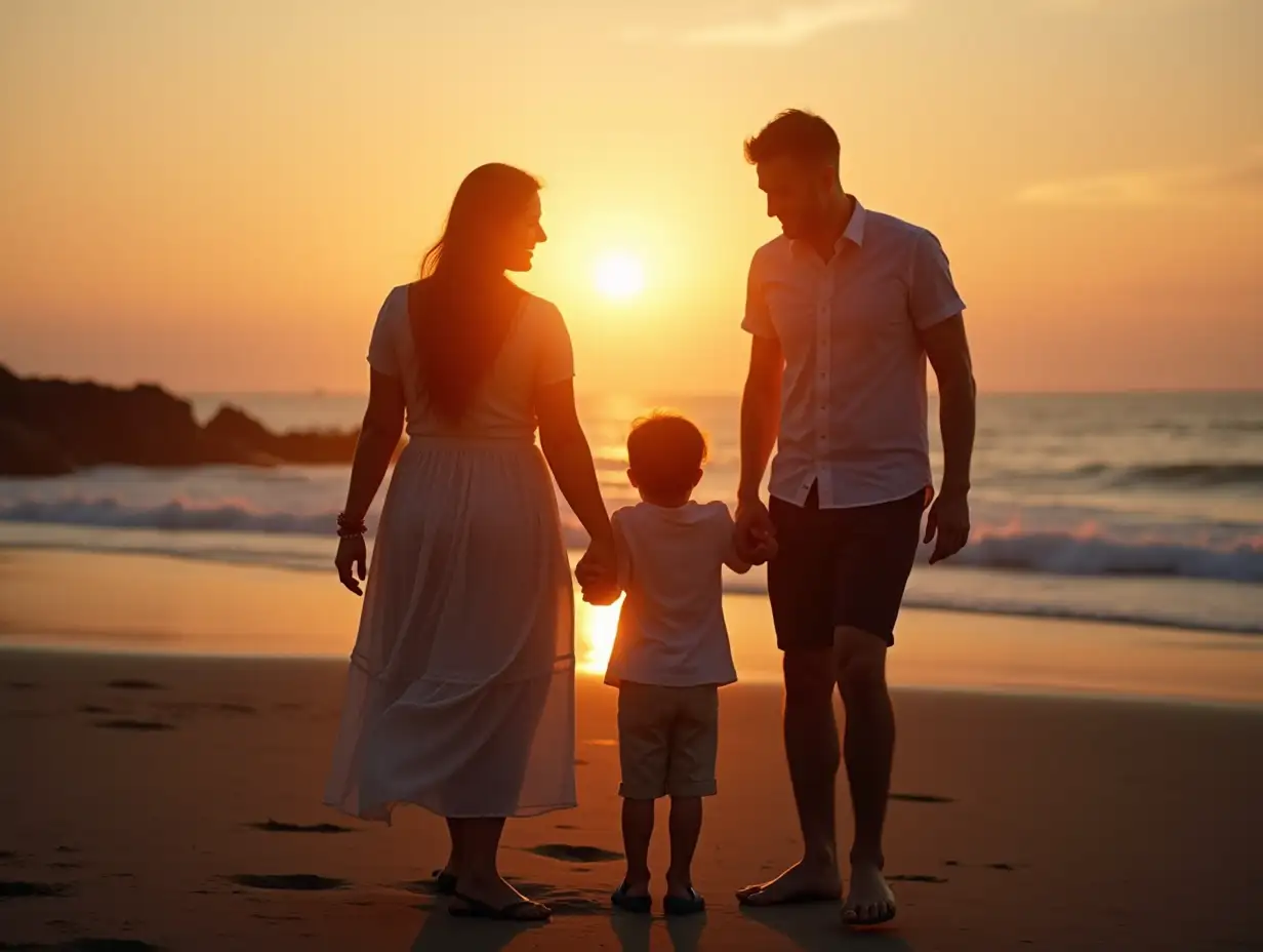 happy family at sunset.