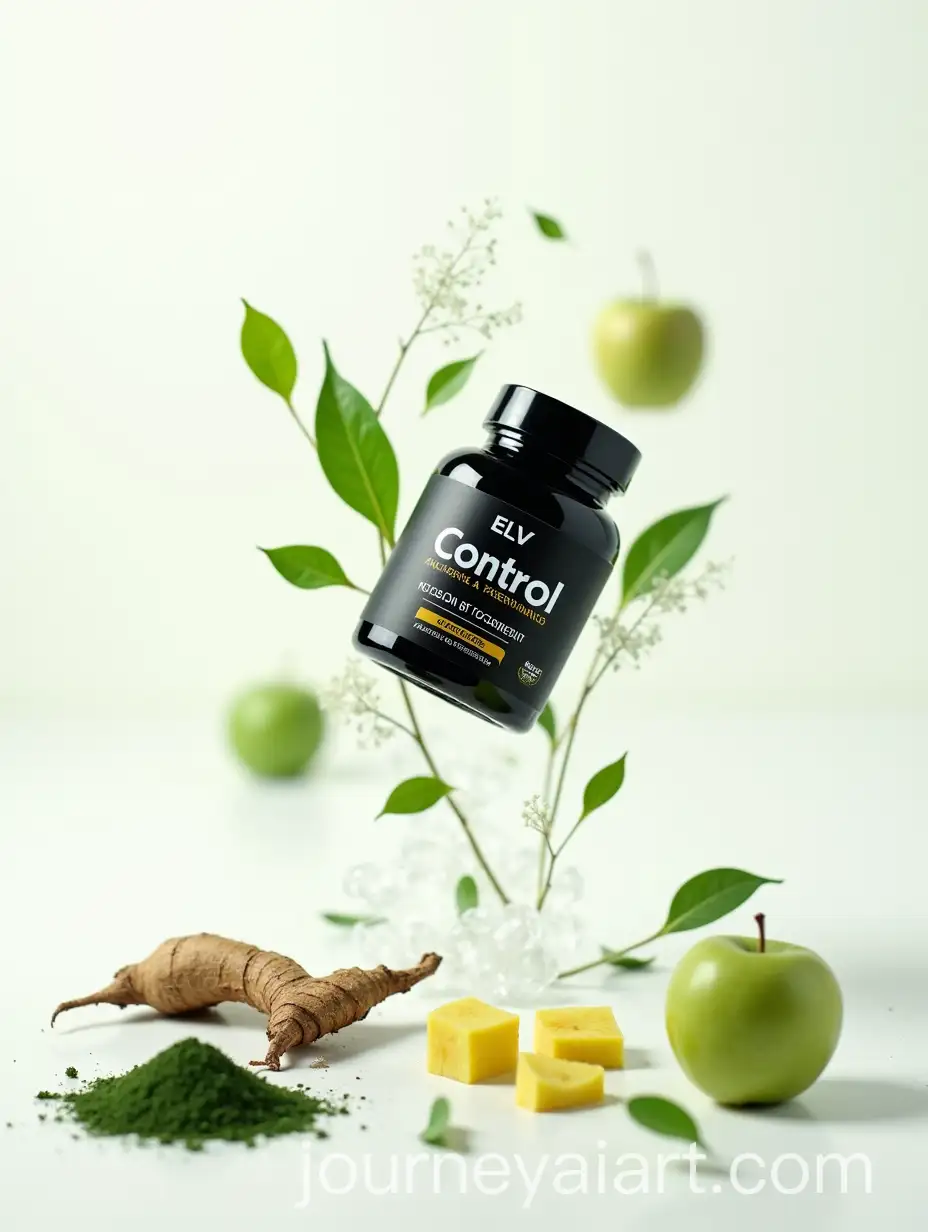 ELV-Control-Supplement-Bottle-Surrounded-by-Fresh-Natural-Ingredients-in-Air