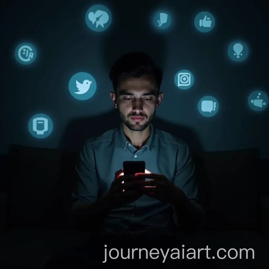 Young-Man-Staring-at-Phone-with-Floating-Social-Media-Notifications-in-Dimly-Lit-Room