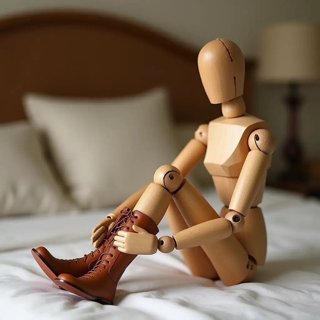 Wooden-Puppet-Woman-Sitting-on-Bed-Wearing-Stylish-Boots