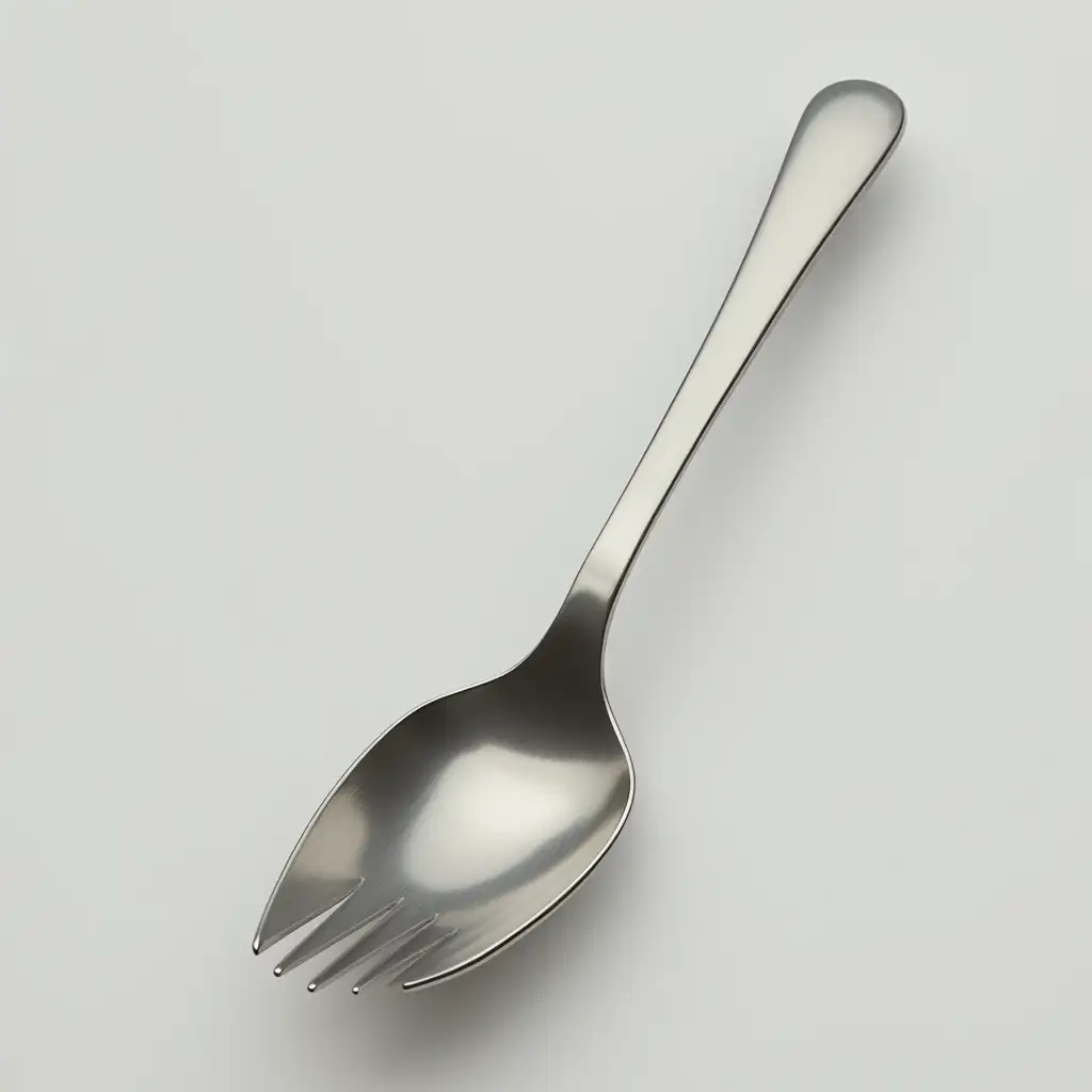 A highly realistic spoon seamlessly transformed into an excavator bucket while retaining the smooth, polished stainless steel texture and color of an actual spoon. The handle remains unchanged, maintaining its ergonomic design and reflective metallic finish. However, the head of the spoon is reshaped into a perfectly detailed excavator bucket, featuring subtle ridges and edges while preserving the seamless look of a standard spoon. The transformation is flawless, making it appear as though the spoon was naturally designed for both eating and digging. The background is clean and neutral, emphasizing the surreal yet functional fusion of kitchenware and machinery.