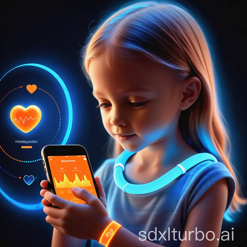emotion detection smart wristband for kids, holographic pet avatar projection, mother checking smartphone app with heartbeat waveform, color-changing LED from blue to orange, 3D render with soft lighting, tech illustration style