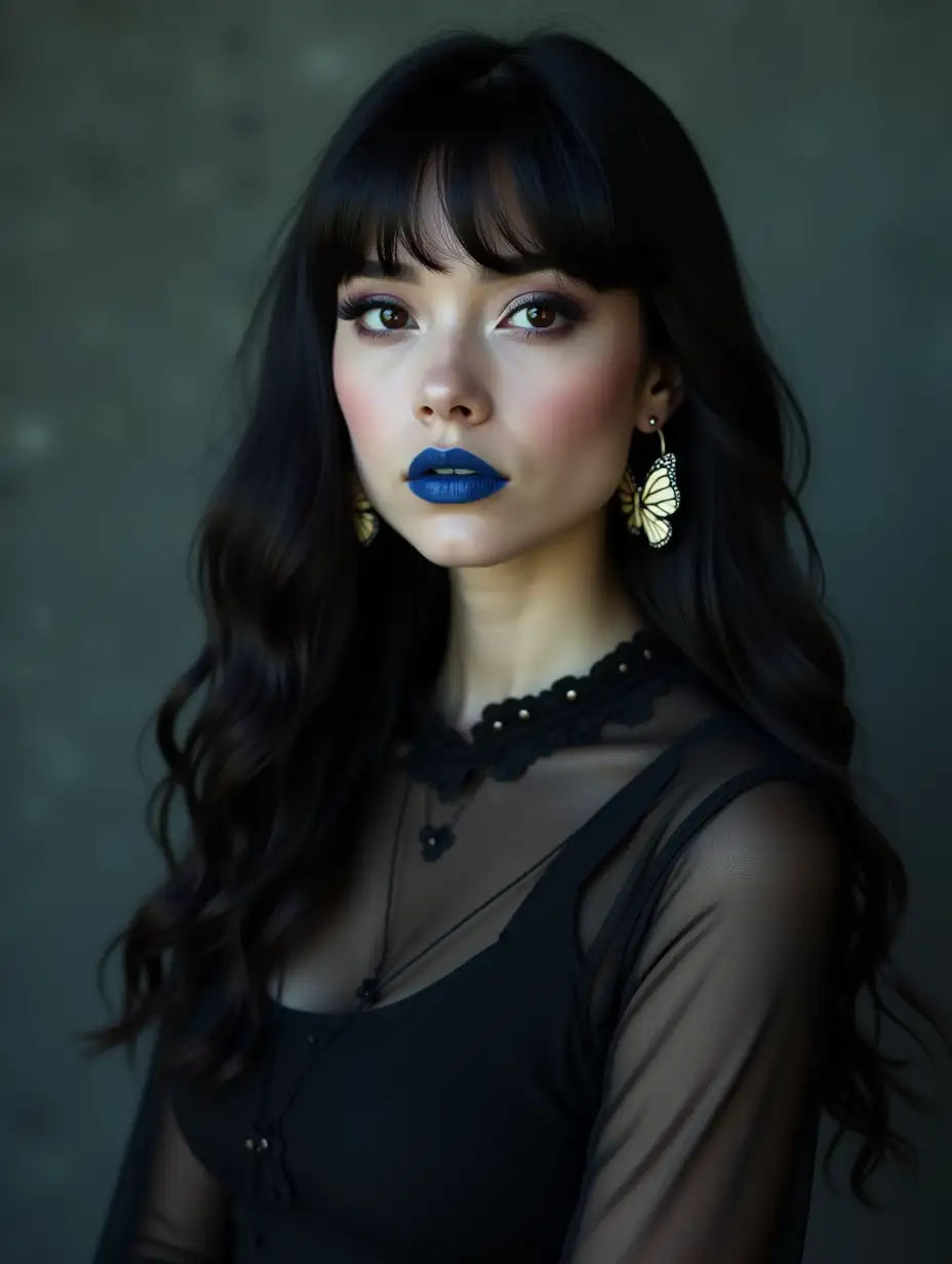 Studio gothic photograph, 32-year-old woman with a round face and long black hair, in a dress and with blue lipstick on lips. She has butterfly earrings, dead head