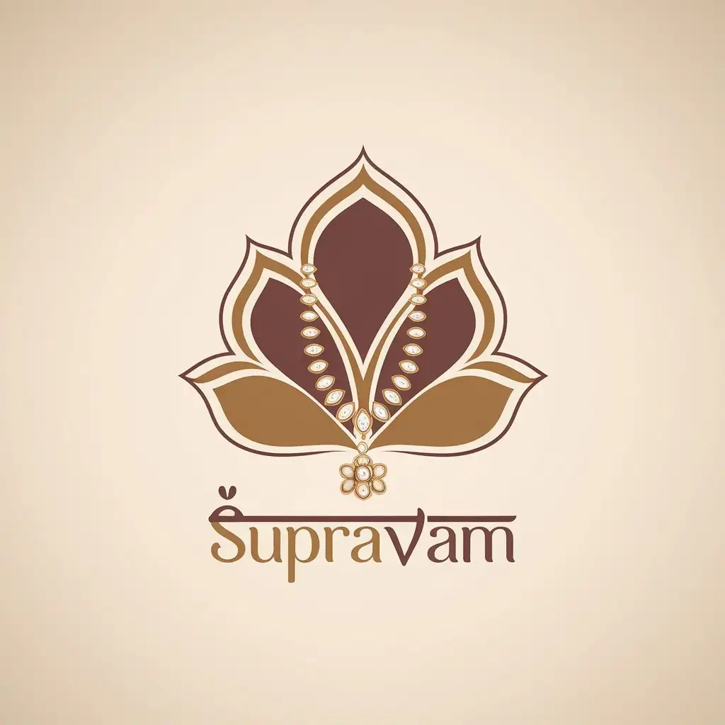 LOGO Design for SUPRAVAM Kundan Jewelry Set with Gold Text and Beige Background for Religious Industry