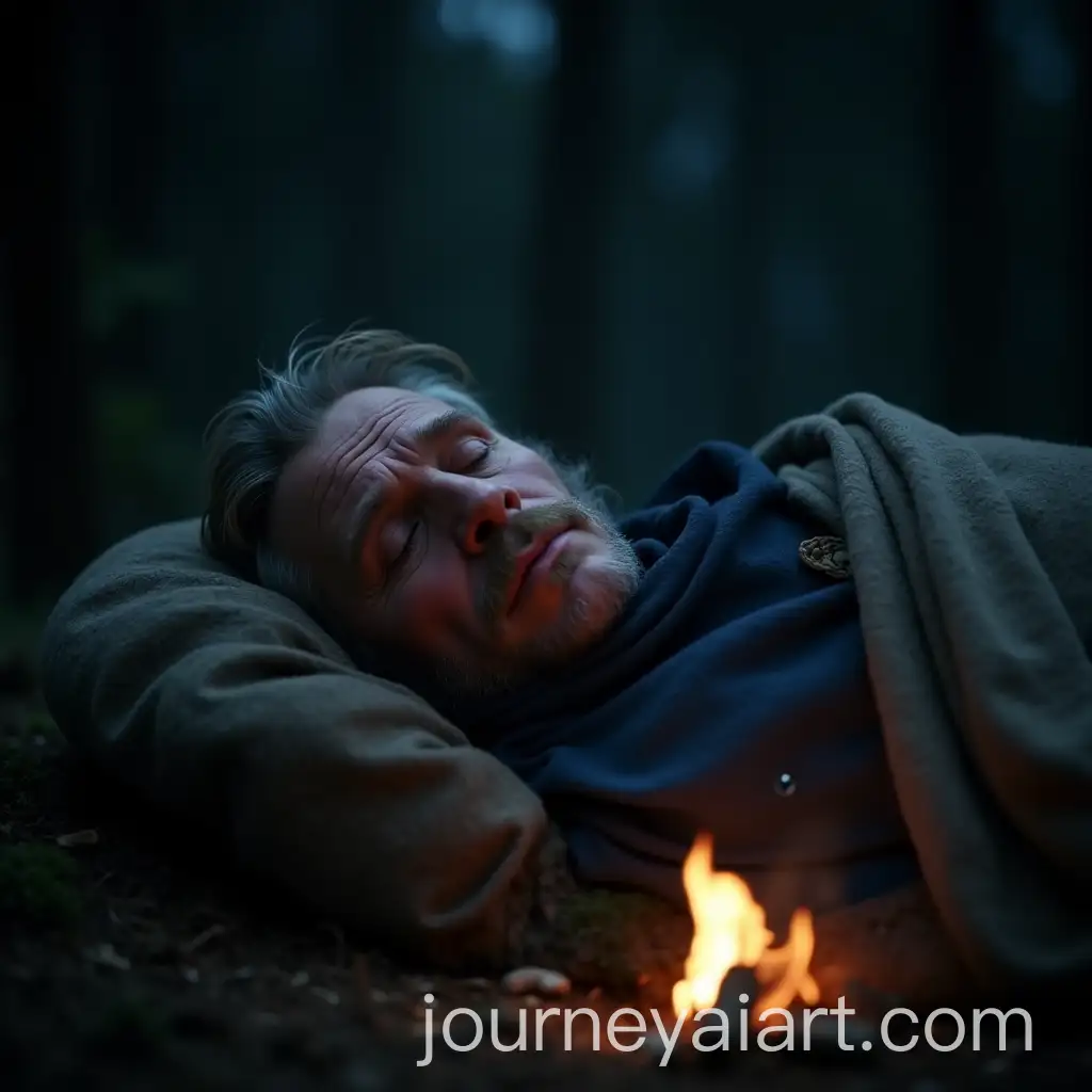 Aged-Medieval-Rogue-Warrior-Sleeping-by-Bonfire-in-Cold-Forest