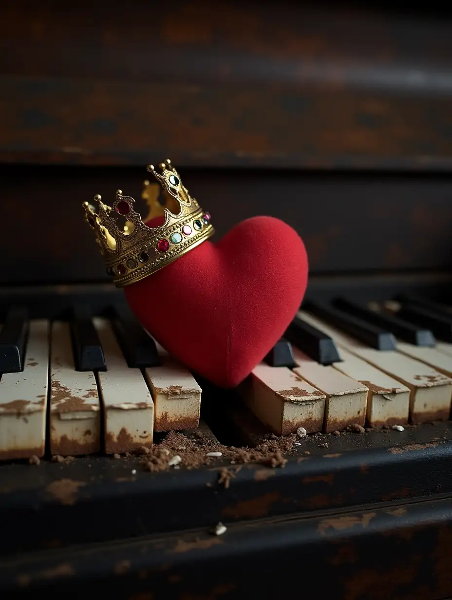 A broken piano with a heart and a royal crown on it.