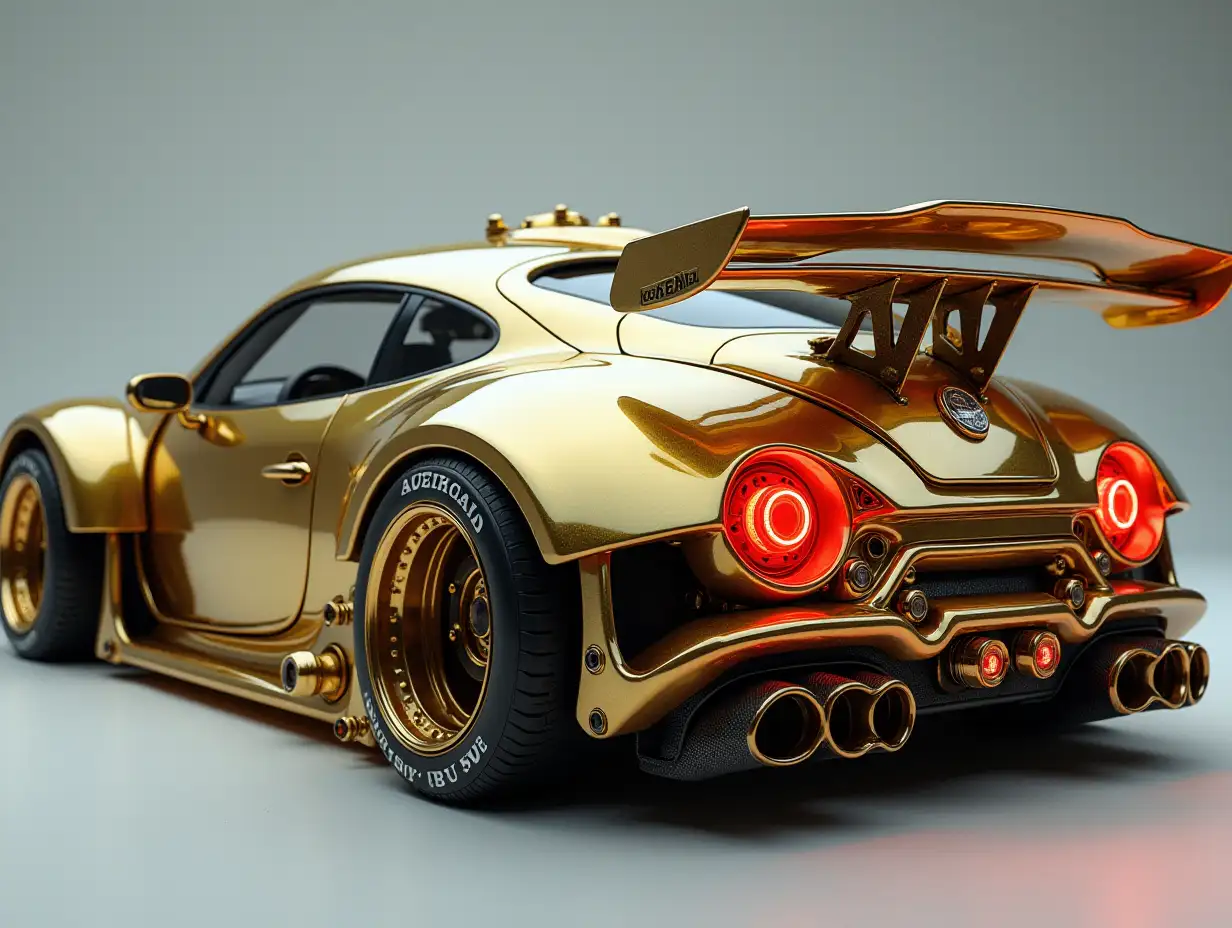 Create a crazy vehicle with spoilers, lowered, aluminum wheels, mother of pearl color and gold body Steampunk   Cyberpunk