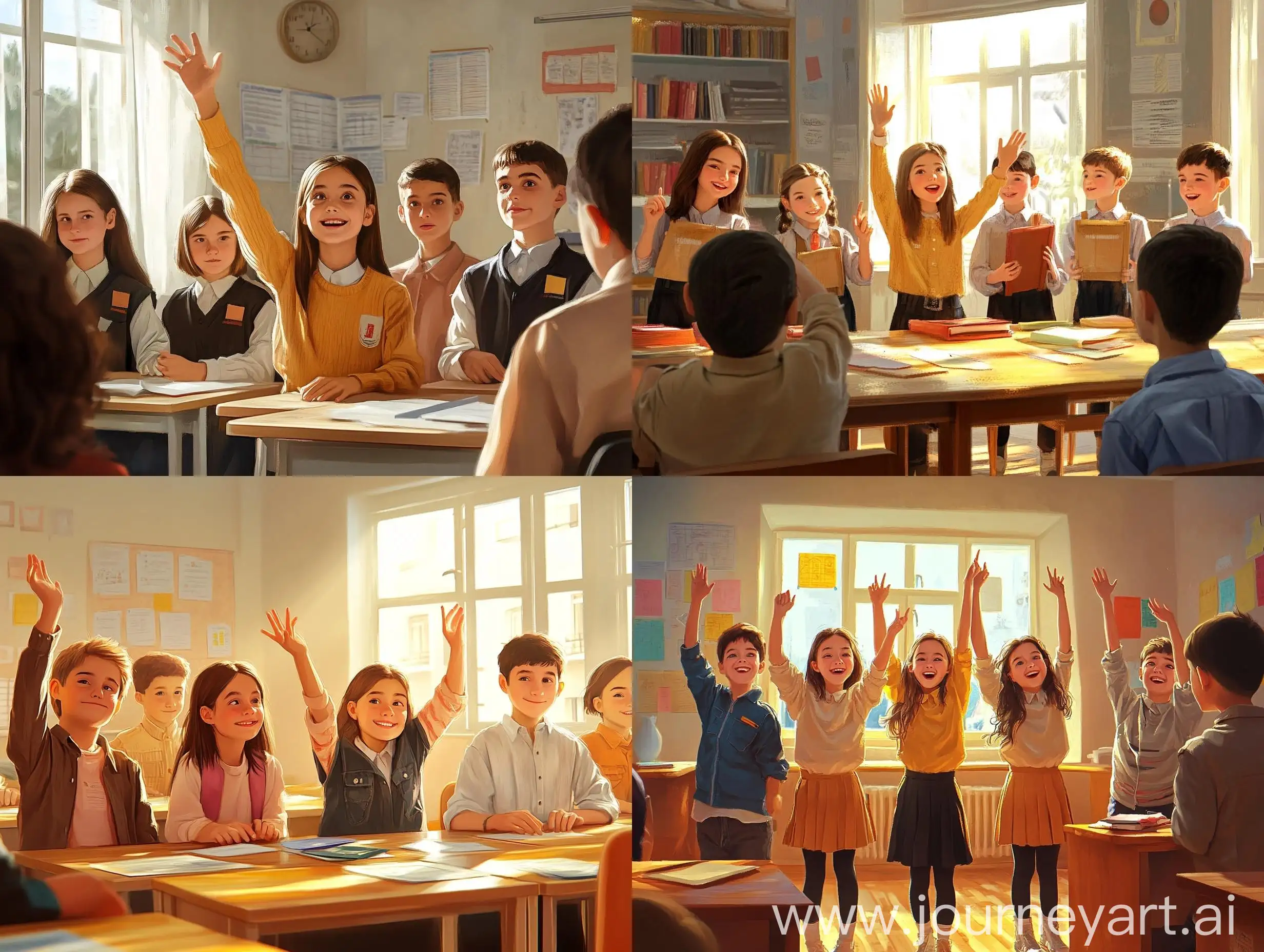 Russian-School-Children-in-Classroom-with-Raised-Hands