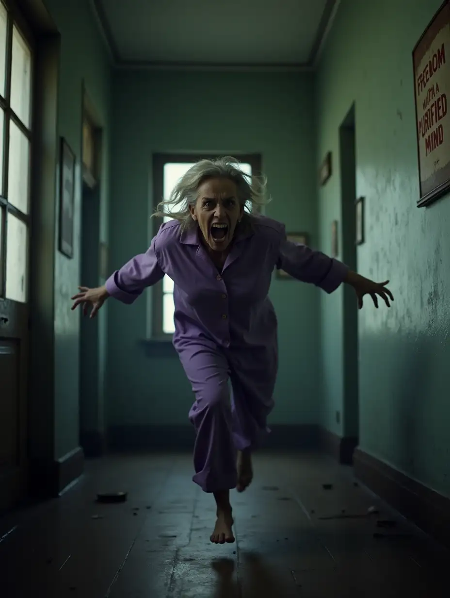 an old crazed woman in a purple pajama is jumping around the room, darkness, horror, terror, dirty ward for the mentally ill, very evil creature, poster on the wall - 'Freedom with a purified mind!'