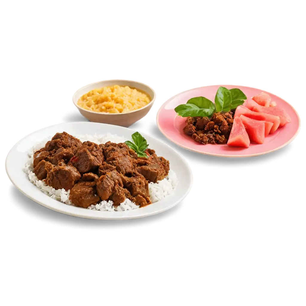 PNG-Image-of-Rendang-Padang-with-Rice-and-Coffee-Accompanied-by-Watermelon-Slices